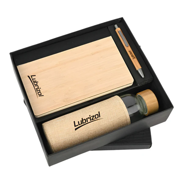 EcoEssence Bamboo Trio Set – Bamboo Diary, Pen & Glass Bottle with Sleeve - Welcome Kit